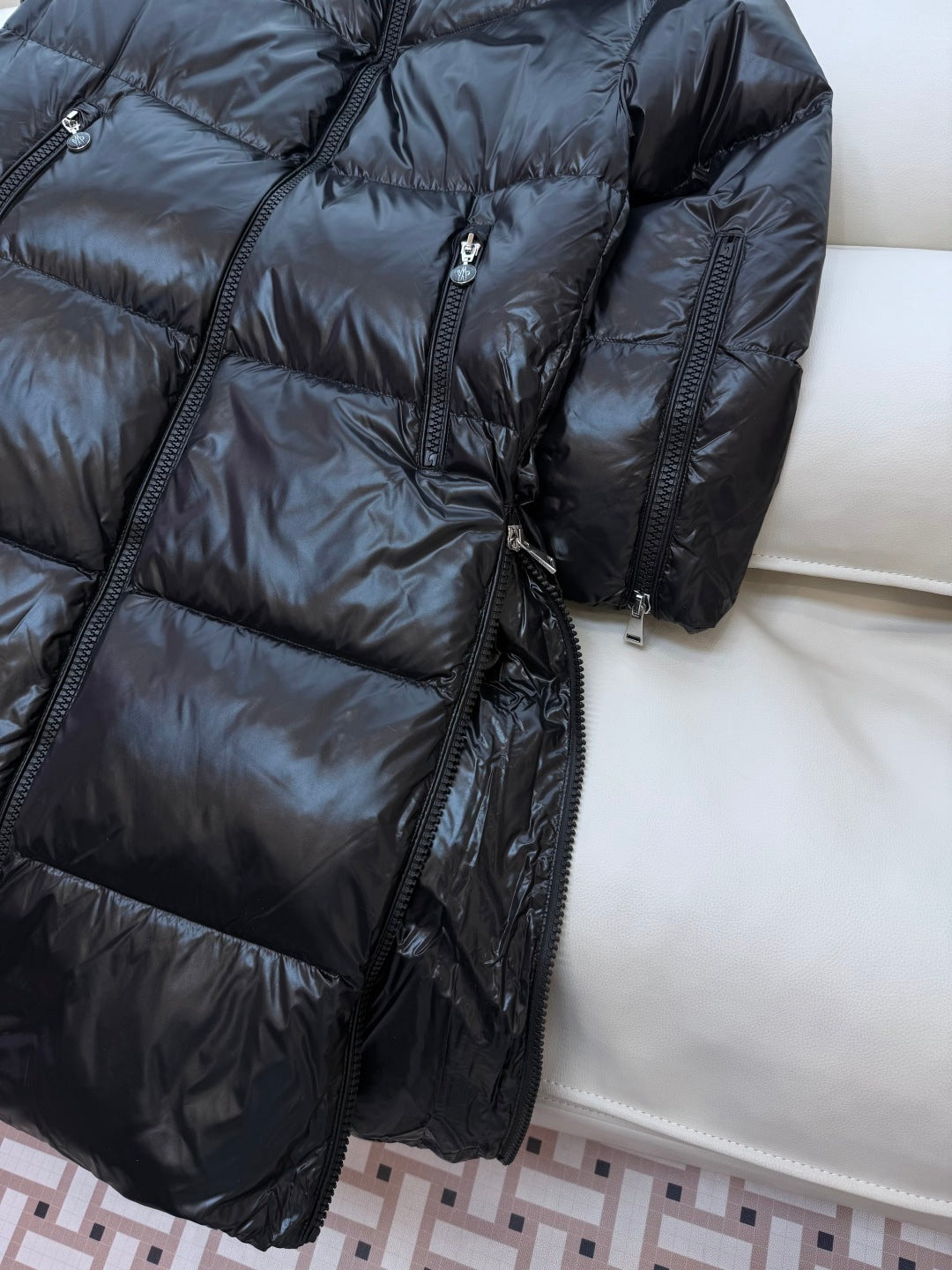 Long Black High Shine Logo Hood Down Coat