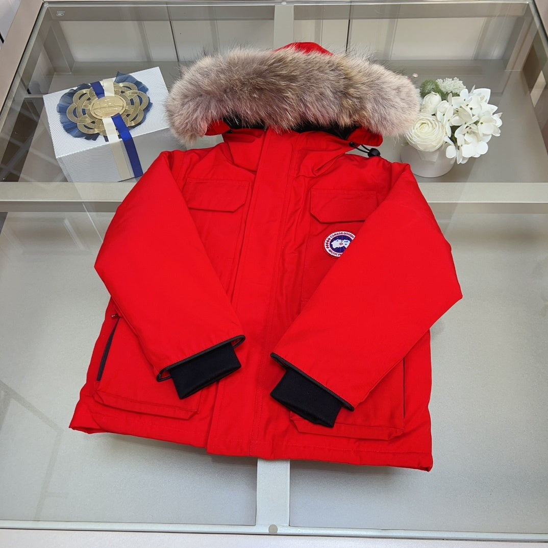 KIDS HIGH SHINE DOWN COAT- FLUFF HOOD RED