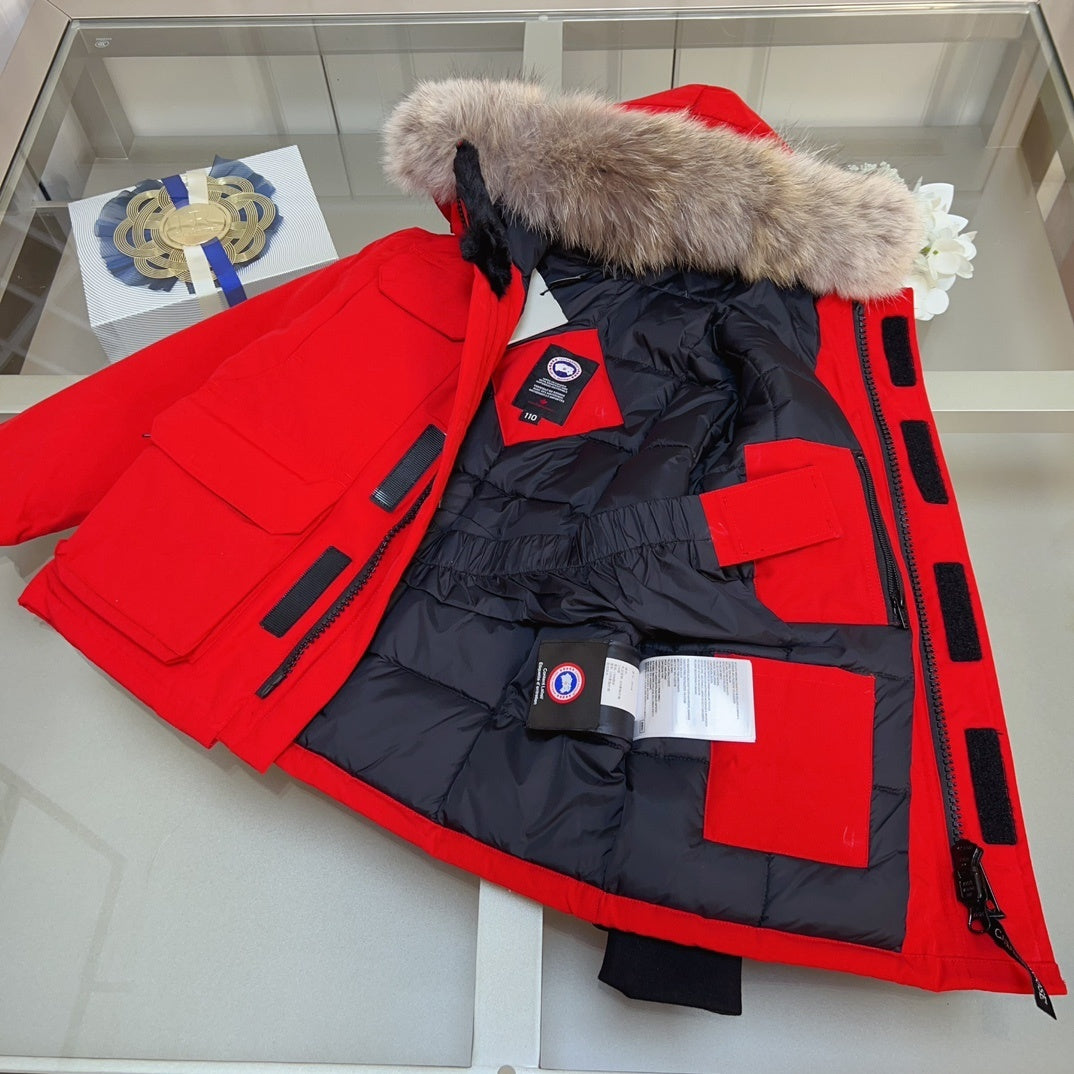 KIDS HIGH SHINE DOWN COAT- FLUFF HOOD RED