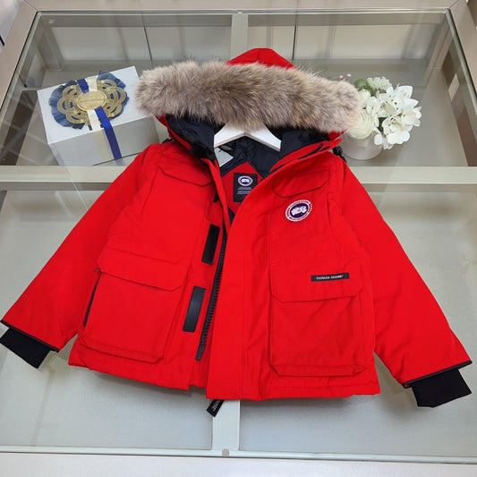KIDS HIGH SHINE DOWN COAT- FLUFF HOOD RED