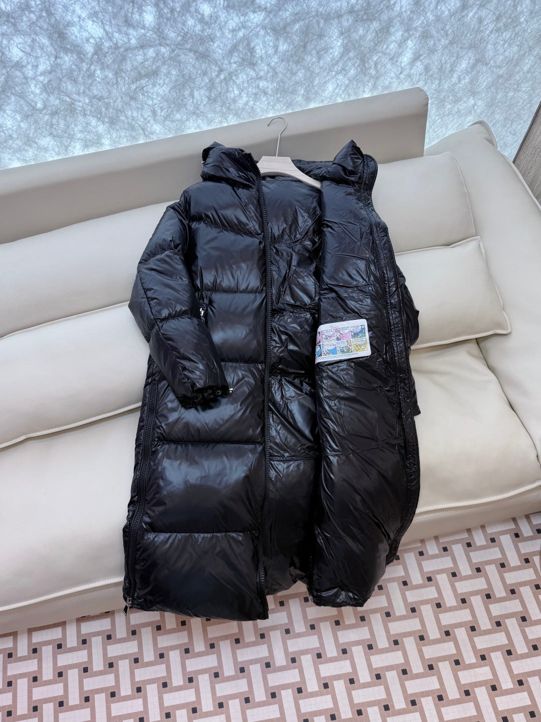 Long Black High Shine Logo Hood Down Coat