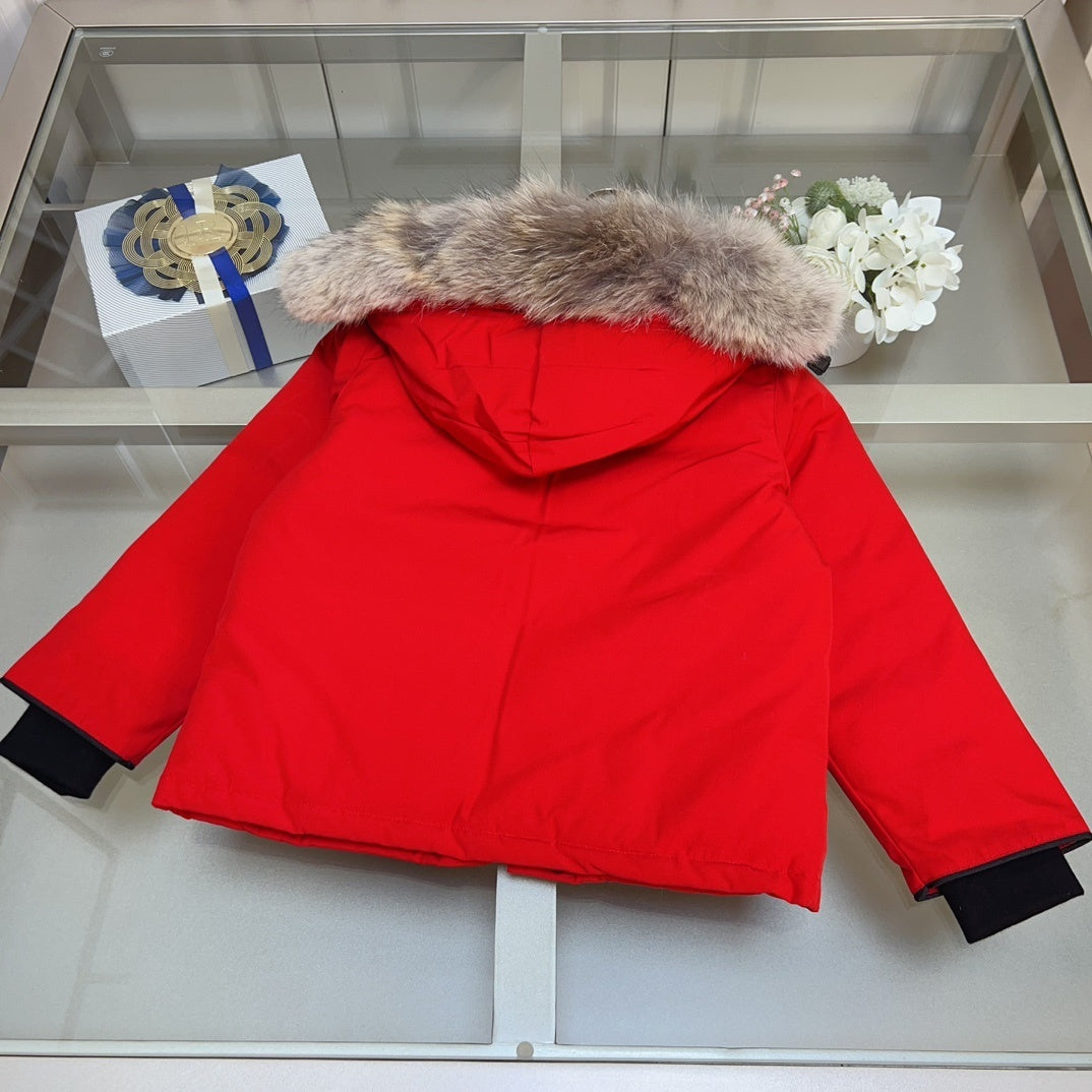KIDS HIGH SHINE DOWN COAT- FLUFF HOOD RED