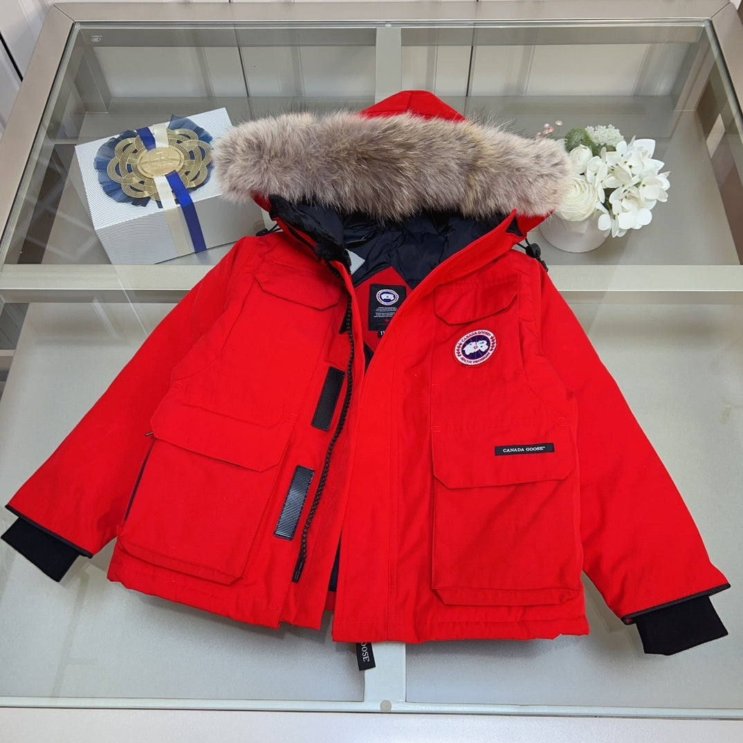 KIDS HIGH SHINE DOWN COAT- FLUFF HOOD RED