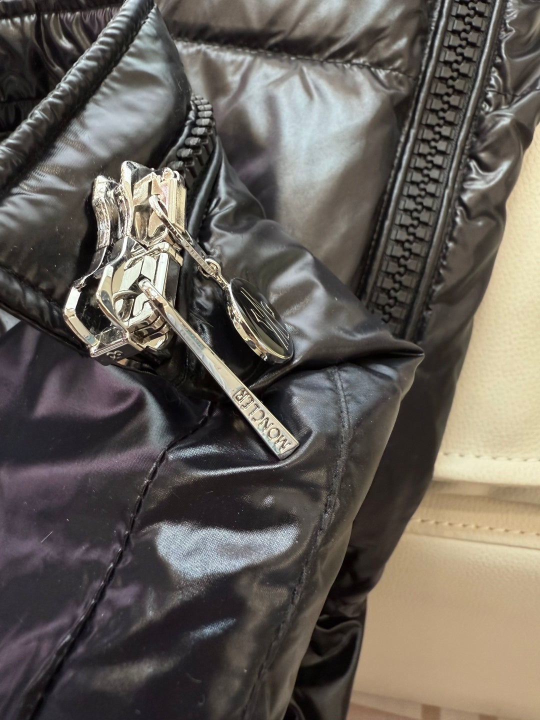 Long Black High Shine Logo Hood Down Coat