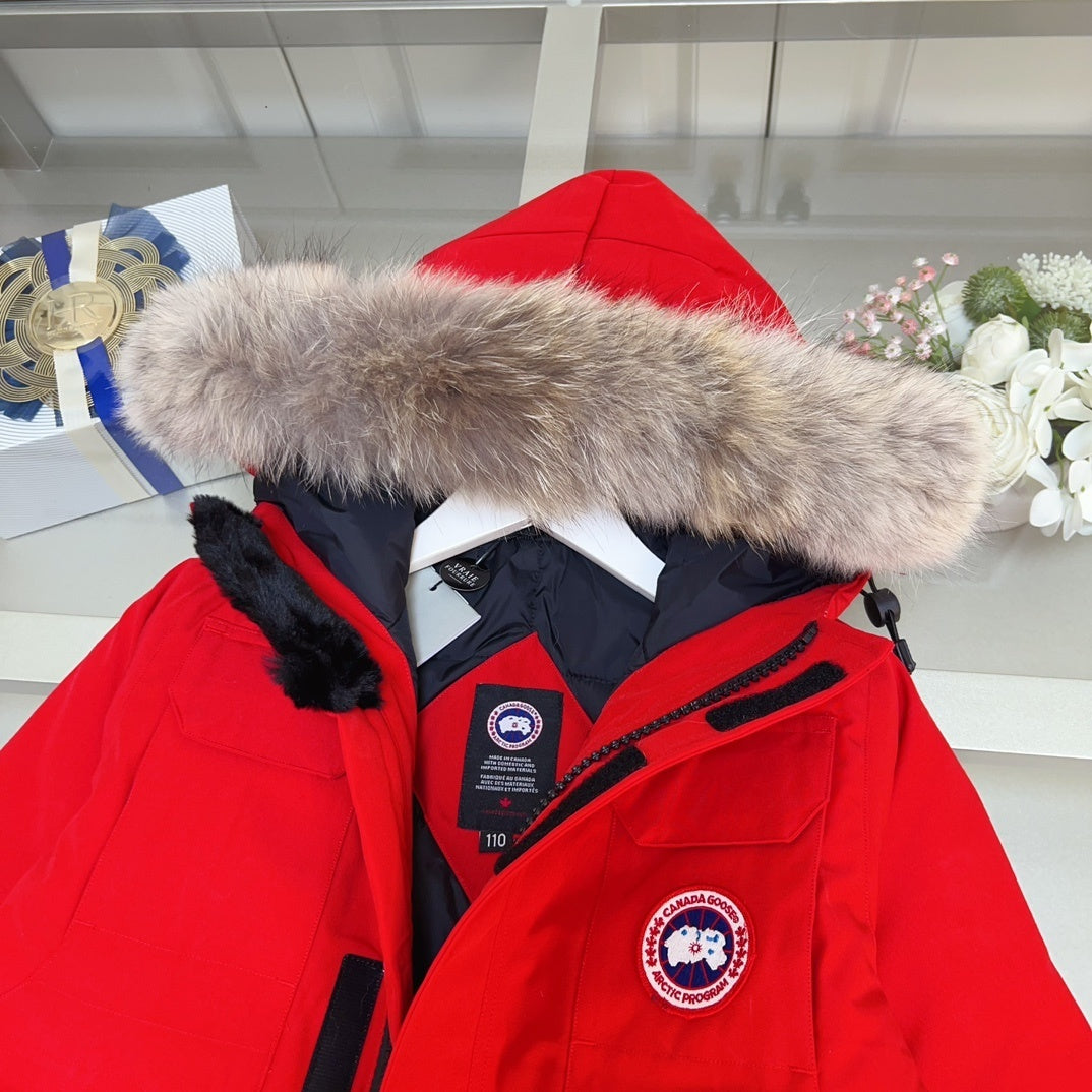 KIDS HIGH SHINE DOWN COAT- FLUFF HOOD RED