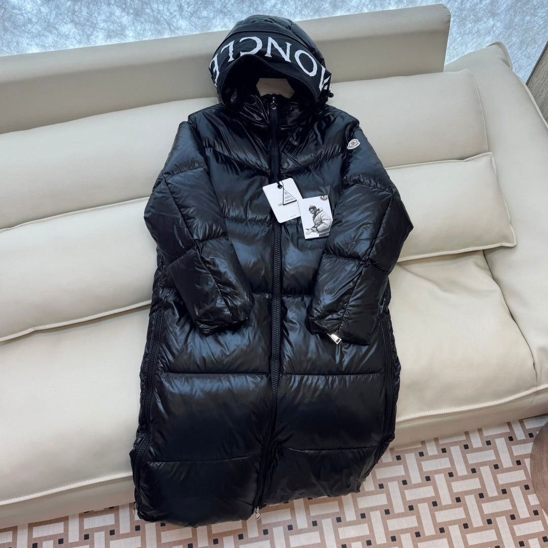 Long Black High Shine Logo Hood Down Coat