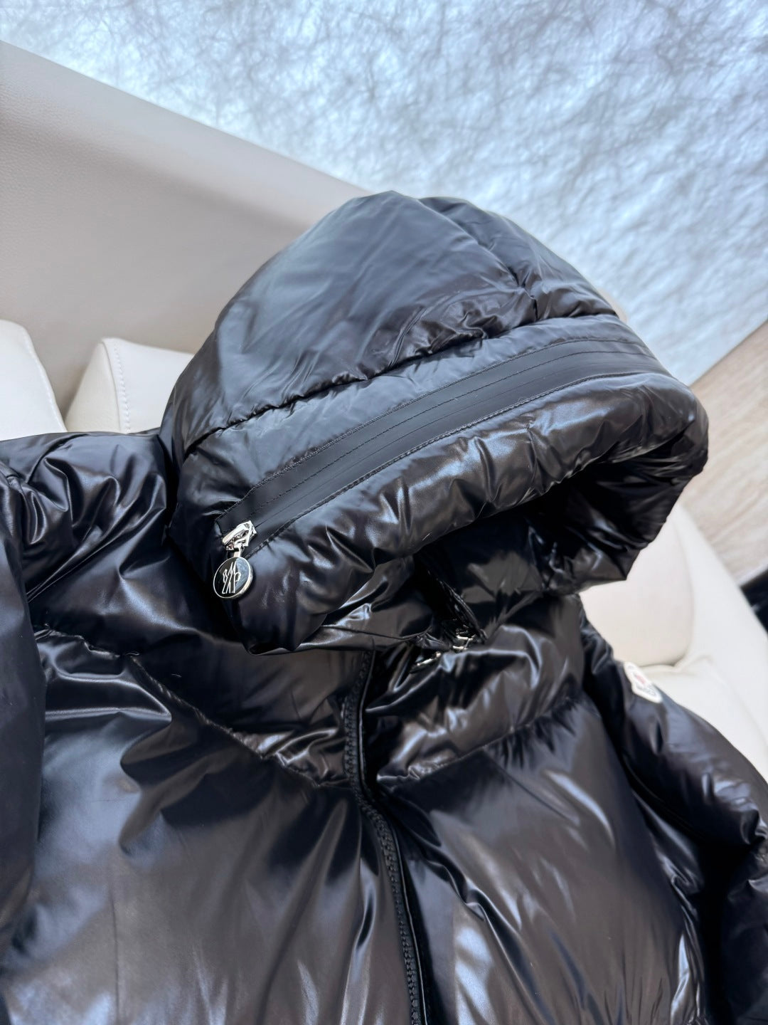 Long Black High Shine Logo Hood Down Coat