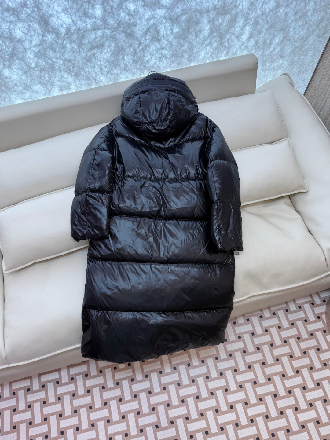 Long Black High Shine Logo Hood Down Coat