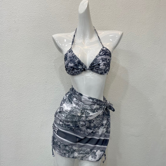 D 3 Piece Print Bikini Black (with sarong)