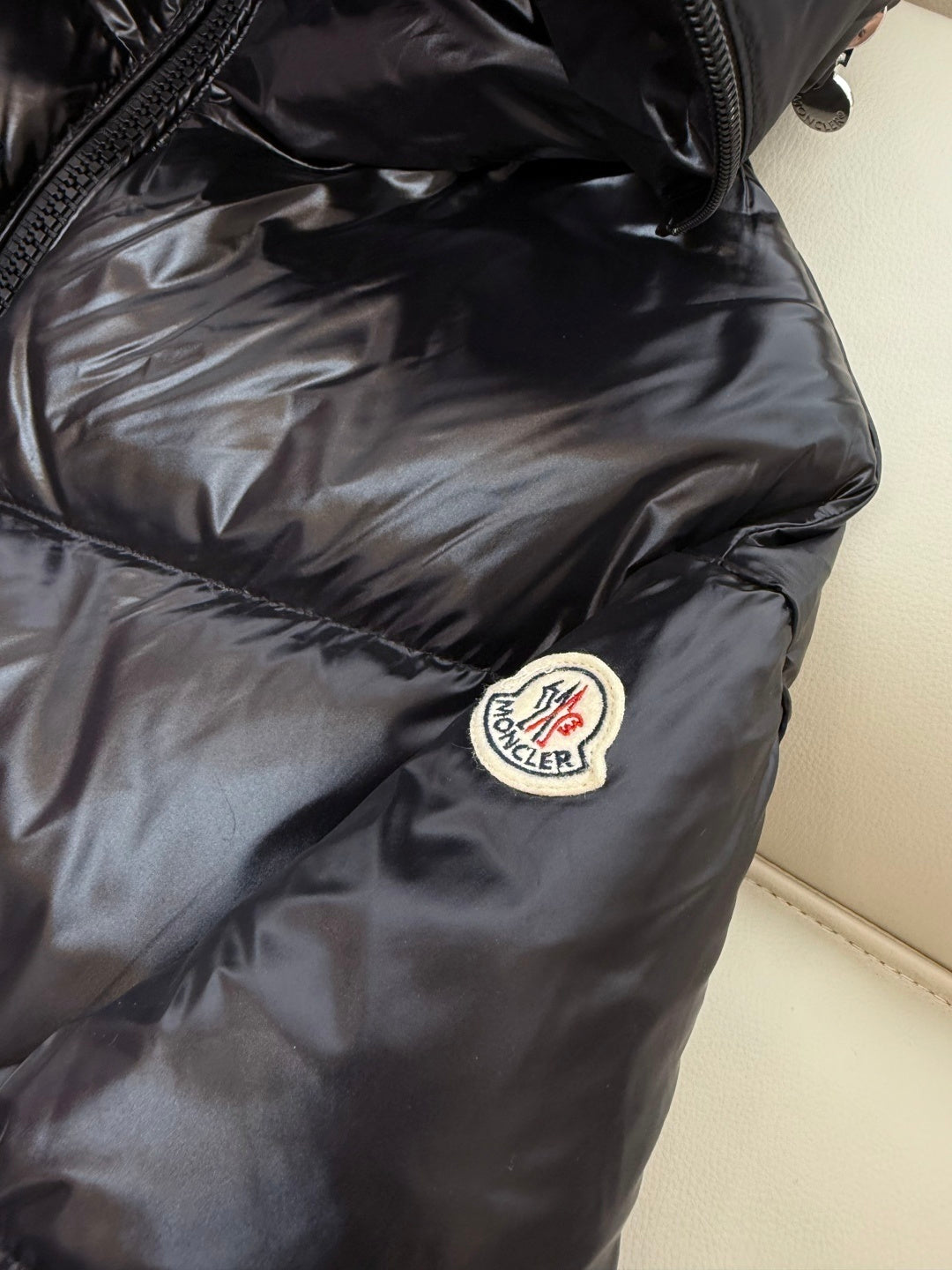 Long Black High Shine Logo Hood Down Coat